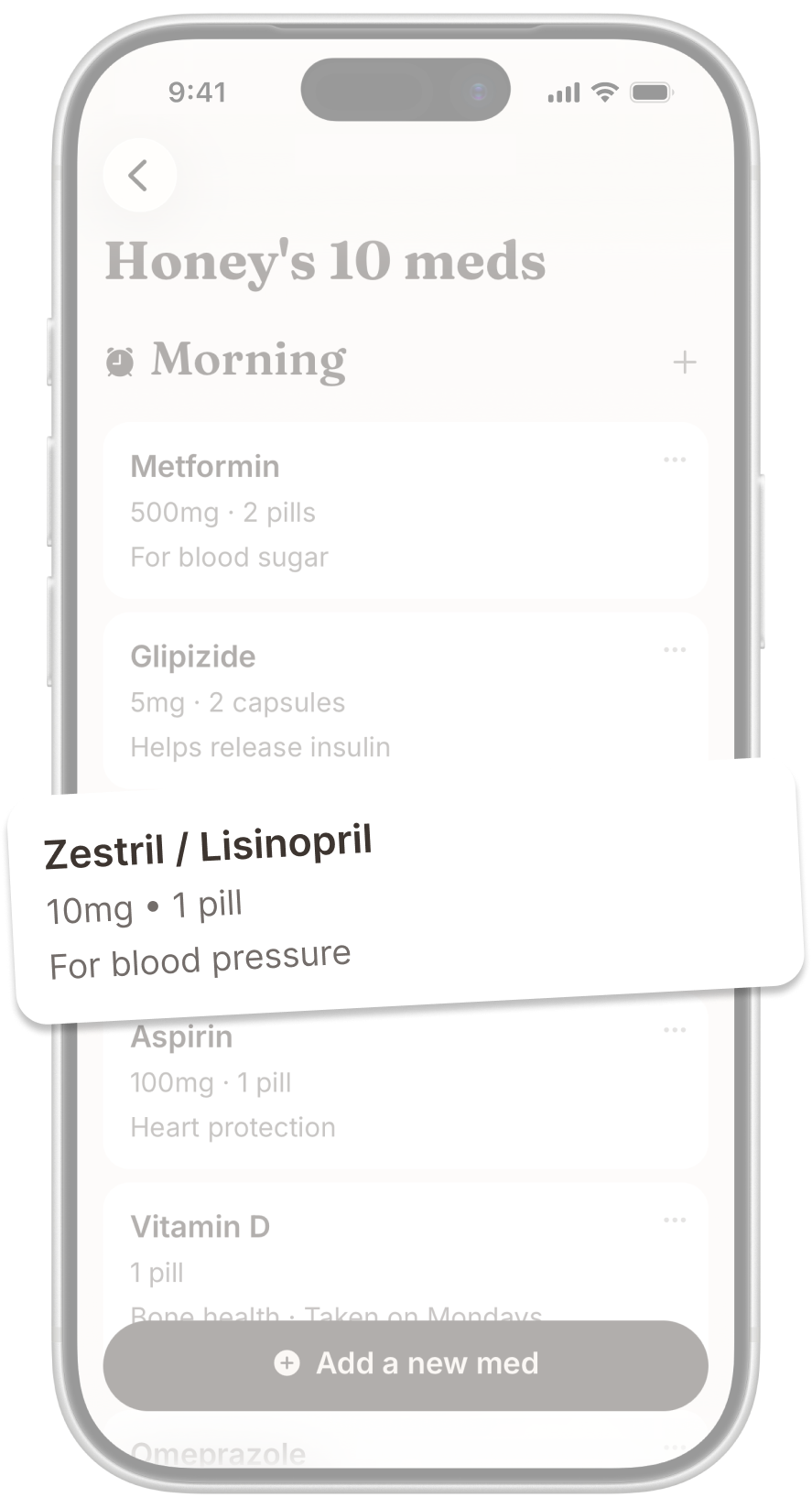 With medication list showing brand and generic names grouped as one medication