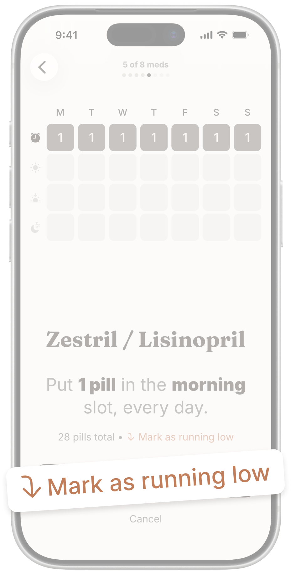 With app screen showing the Mark as running low option during a pill organizer fill