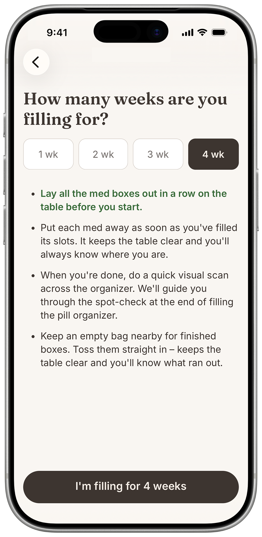 With app screen for choosing how many weeks to fill a pill organizer for