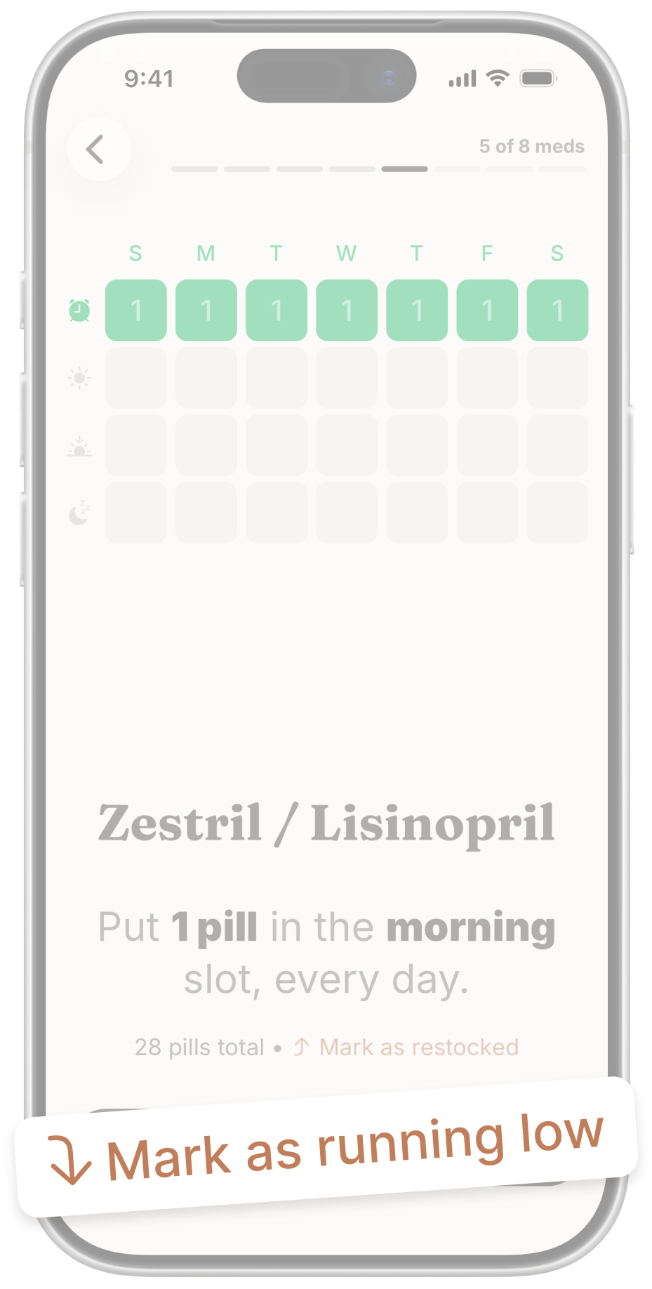 With app screen for marking a medication as running low during a pill organizer fill
