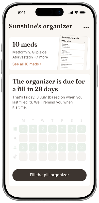 With app showing the medication list and organizer overview