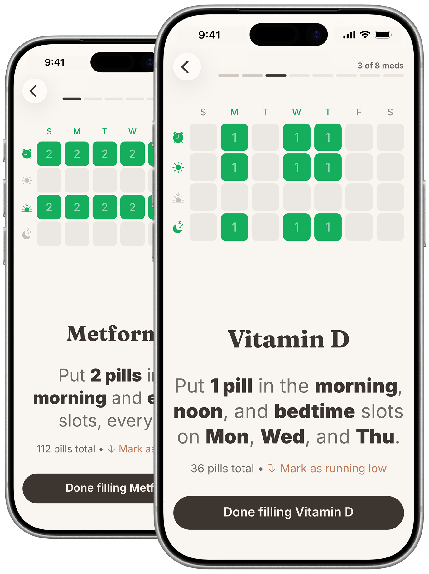 With fill flow – medication and amount for the pill organizer